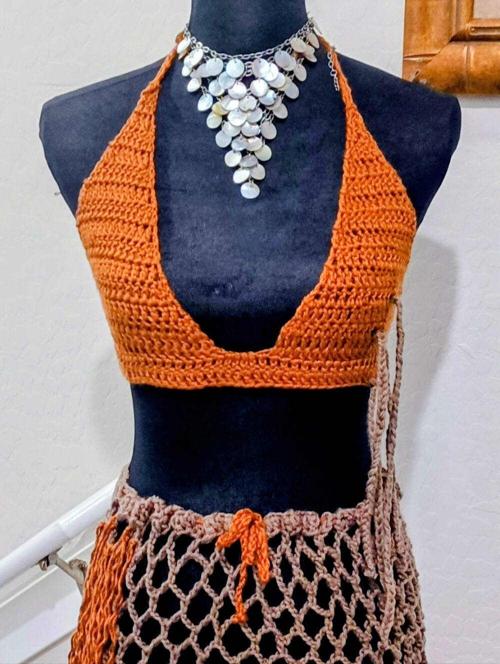 Handmade Crochet Halter Crop Top in Rust Orange